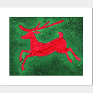 Red and Green Reindeer Silhouette Painting Posters and Art